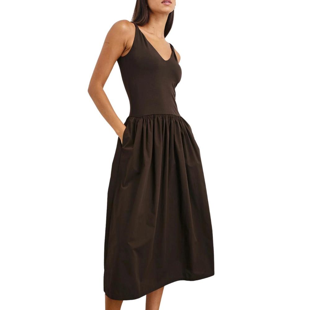 Sleeveless Brown V-Neck Midi Dress with Gathered Skirt